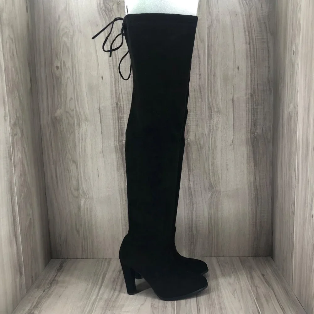 Over The Knee Boots EU 38 Black Faux Fur Lined OTK Slip On